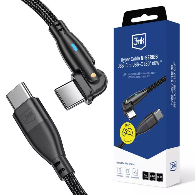 3MK Hyper Cable N-SERIES USB-C naar USB-C 2m 20V/3A 60W zwart - draaibaar