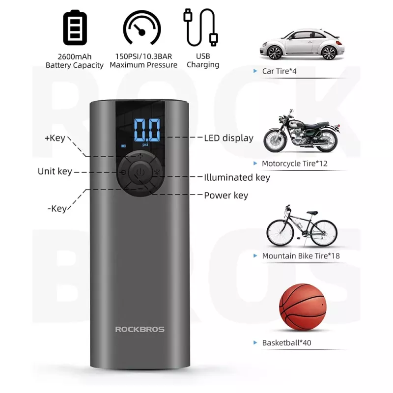 ROCKBROS Elektrische fietspomp met LED-display, USB-C-laden, 150 PSI, Presta/Schrader/Dunlop, Zwart