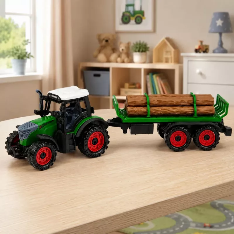 LEAN TOYS landbouwtrekker met houttransporter, terugtrekmotor, balen, 35 cm