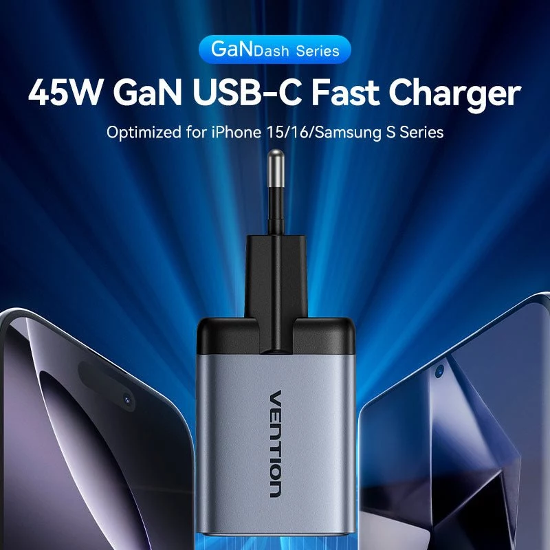 VENTION GaN 90W dual-USB-C wandlader (45W+45W) - zwart