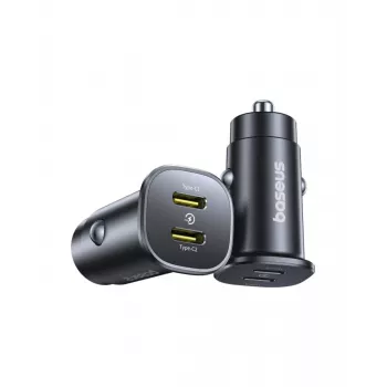 Baseus GoTrip 2x USB-C 30W autolader, 12-24 V, zwart