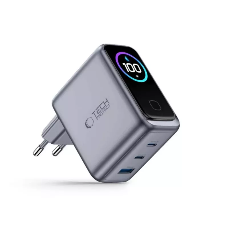 TECH-PROTECT PowerVision NC100W GaN 100W 3-poorts USB-C PD & USB-A QC3.0 wandlader - donkergrijs