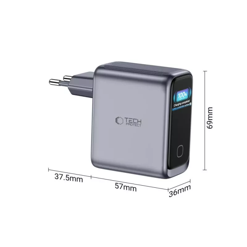 TECH-PROTECT PowerVision NC100W GaN 100W 3-poorts USB-C PD & USB-A QC3.0 wandlader - donkergrijs