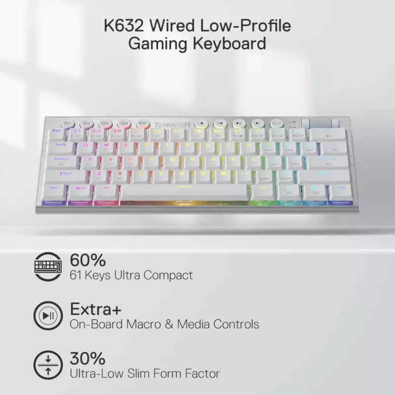 Redragon K632 HORUS Mini 60% RGB bedraad gaming-toetsenbord - wit