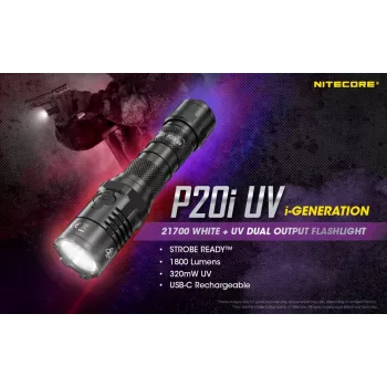 Nitecore NT-P20I-UV tactische zaklamp met UV-licht, 1800 lumen, USB-C oplaadbaar, IP68, zwart