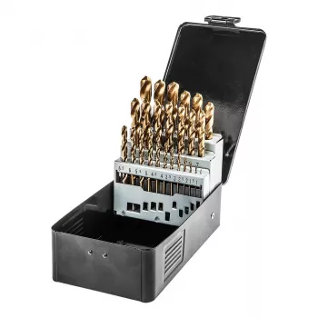 NEO TOOLS 25-delige HSS-TiN spiraalborenset voor metaal, 1,0–13,0 mm, DIN 338, 135° kruisslijping, metaalcasette