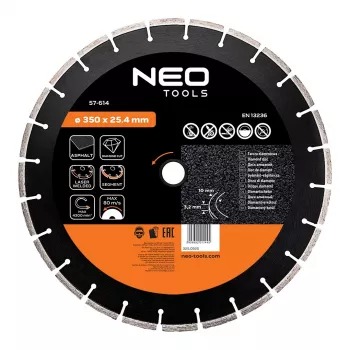 NEO TOOLS 350 mm lasersgelast segment-diamantdoorslijpschijf, 25,4 mm boring, voor beton, asfalt, steen