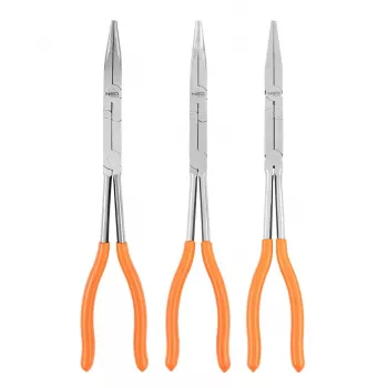 NEO TOOLS 01-293 dubbelgewricht tangenset, 3-delig, chroom-vanadiumstaal, 280 mm, rechte, 45° en 90° gebogen punt, ergonomische antislipgrepen