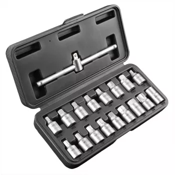 NEO TOOLS olieaftap-sleutelset 3/8 inch aandrijving, 18-delig, chroom-vanadium, vierkant/zeskant/Torx/keilwelle-doppen, kunststofkoffer