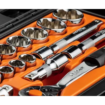 NEO TOOLS 1/2 inch dopsleutelset, 23-delig, chroom-vanadiumstaal, DIN 3124