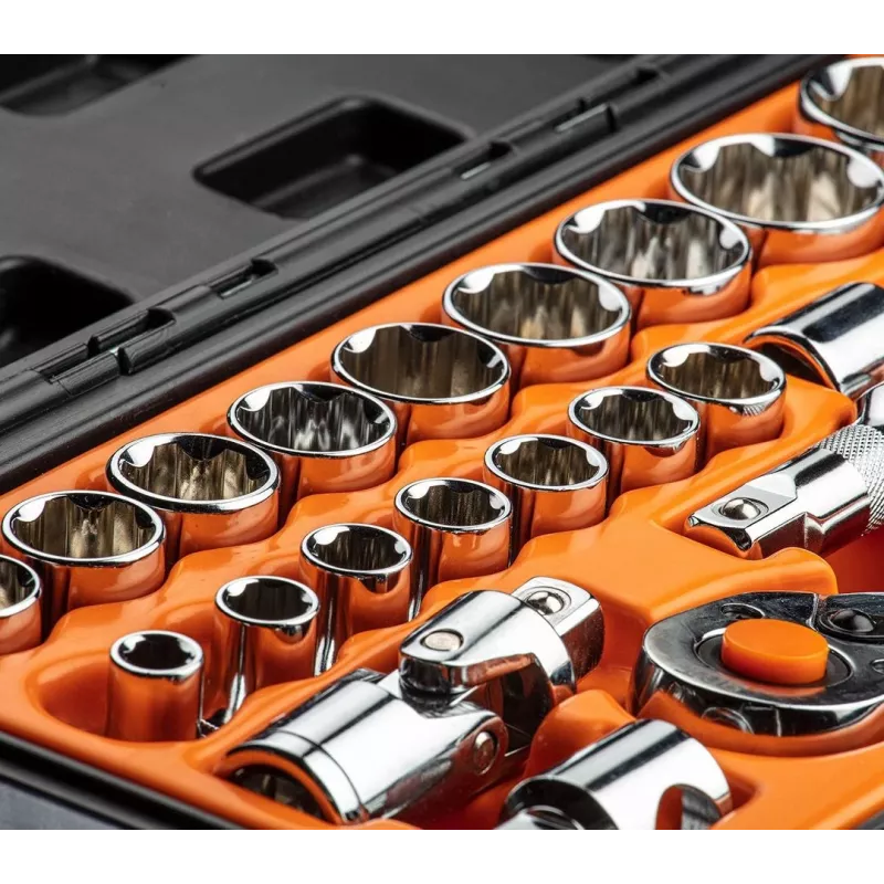 NEO TOOLS 1/2 inch dopsleutelset, 23-delig, chroom-vanadiumstaal, DIN 3124