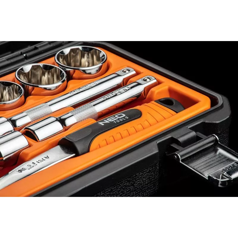 NEO TOOLS 1/2 inch dopsleutelset, 23-delig, chroom-vanadiumstaal, DIN 3124