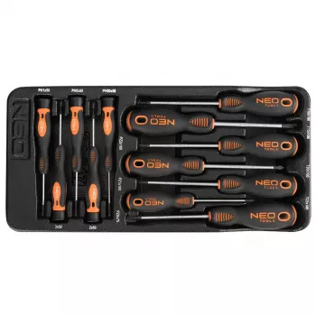 NEO TOOLS 12-delige precisie- en standaard-schroevendraaierset met PZ, TX, plat, Phillips, magnetische punten, chroom-vanadiumstaal, tweekomponenten-grepen, opbergbak