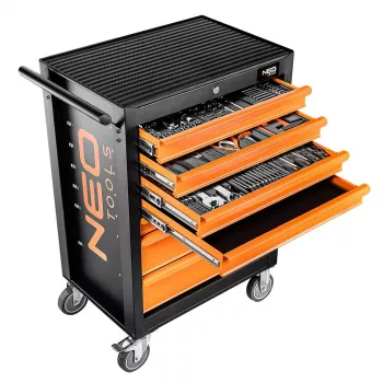 NEO TOOLS werkplaatskast met 7 laden en 129-delige gereedschapsset, rood/zwart, kogellagergeleiders, centrale vergrendeling, 400 kg draagvermogen