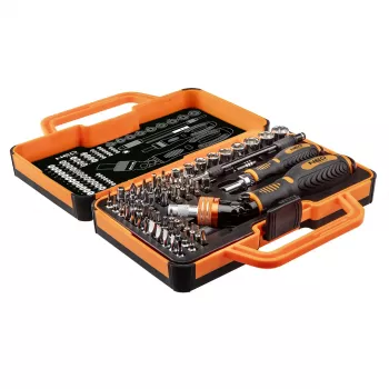 NEO TOOLS 69-delige schroevendraaier-bitset met ratelhandgreep, S2-staal bits, 1/4 inch zeskant, Phillips, Pozidriv, sleuf, Torx, inbus, vierkant, spanner, Tri-Wing, Torq-Set, magnetische houder, opbergkoffer