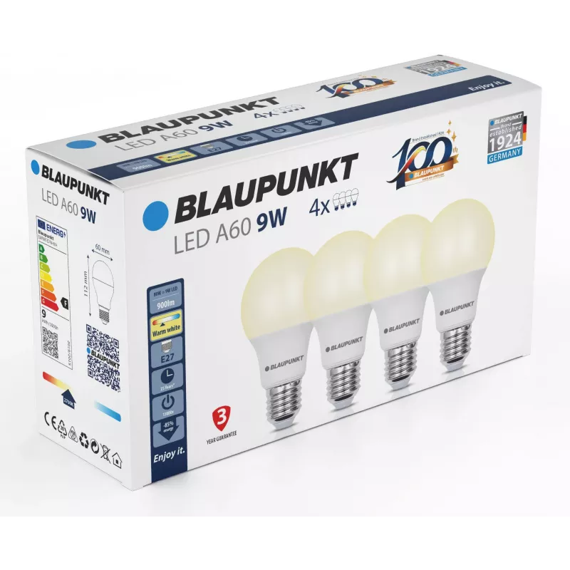 Blaupunkt LED-lamp E27 A60 9W, 900 lm, 2700 K, 4 stuks (BLAUPUNKT-E27-9W-WW-4)