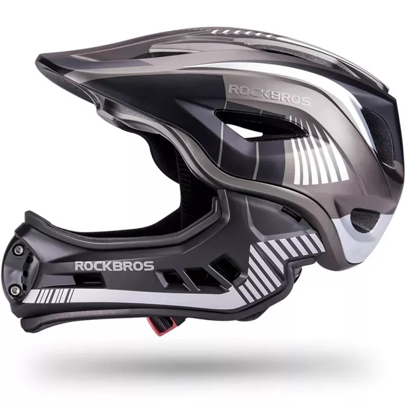 Rockbros TT-32SBTG-M Kinderfietshelm met afneembare kinbescherming, maat M, grijs