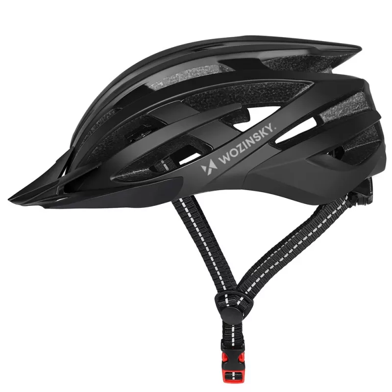 Wozinsky MTB-fietshelm met afneembaar vizier en USB-achterlicht 54-57 cm - zwart