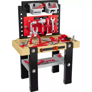 NEO TOOLS mini kindergereedschap werkplaats set 3-in-1 koffer rugzak werkbank met 40+ accessoires, speelgoedboormachine, gereedschap, moeren & schroeven, voor kinderen vanaf 3 jaar