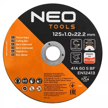 NEO TOOLS doorslijpschijven 41A 60 S BF - 125x1,0x22,23 mm STAAL/INOX, 100 stuks in emmer