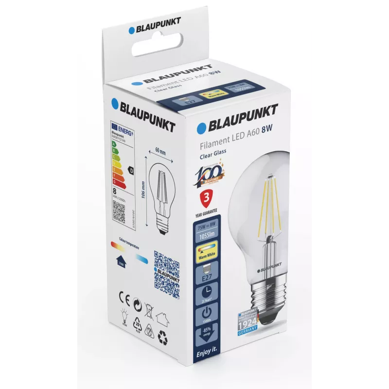 Blaupunkt LED-filamentlamp E27 A60 8W, 1055 lm, 2700 K (BLAUPUNKT-F-E27-8-WW)