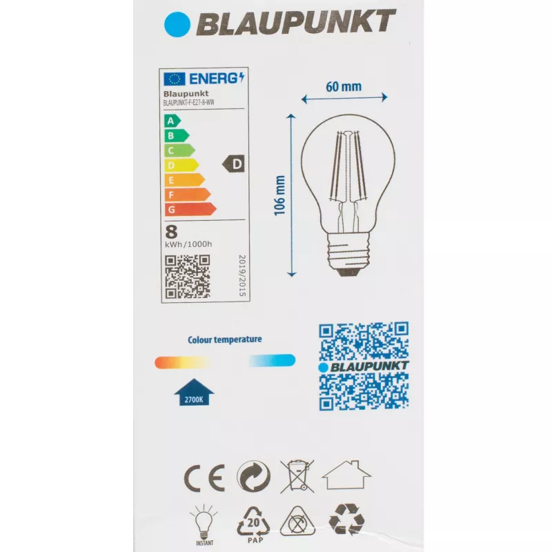 Blaupunkt LED-filamentlamp E27 A60 8W, 1055 lm, 2700 K (BLAUPUNKT-F-E27-8-WW)