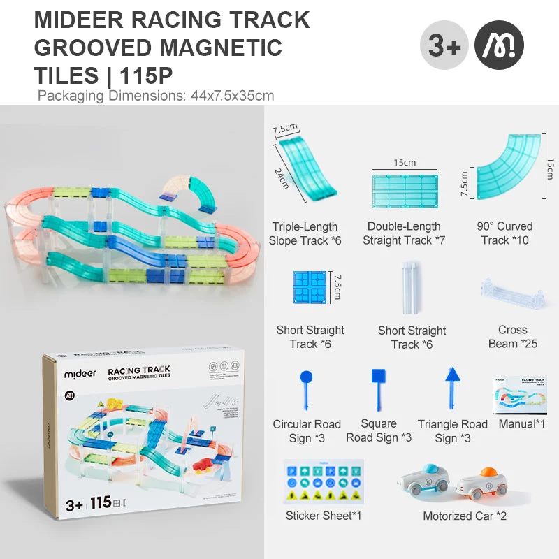 Mideer MD6395 magnetische racebaan met 2 auto's, 115 delen, 3+ jaar