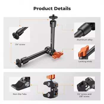 KF Magic Arm + Super Clamp montagekit met 1/4 inch & 3/8 inch schroefdraad, 15-55 mm bek, zwart