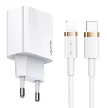 USAMS T34 20W USB-C PD wandlader met U63 USB-C naar Lightning kabel kit - wit