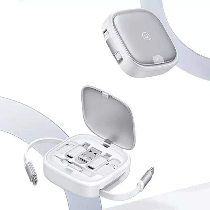 USAMS oprolbaar 3-in-1 oplaadkabel met opbergbox - USB-A naar USB-C/Lightning/Micro USB, 60W, zilver