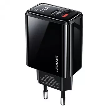 USAMS 20W dual-port USB-C PD3.0 + USB-A QC3.0 wandlader (EU-stekker, zwart)