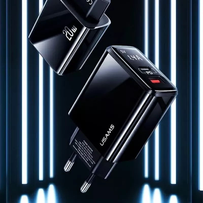 USAMS 20W dual-port USB-C PD3.0 + USB-A QC3.0 wandlader (EU-stekker, zwart)