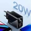 USAMS 20W dual-port USB-C PD3.0 + USB-A QC3.0 wandlader (EU-stekker, zwart)
