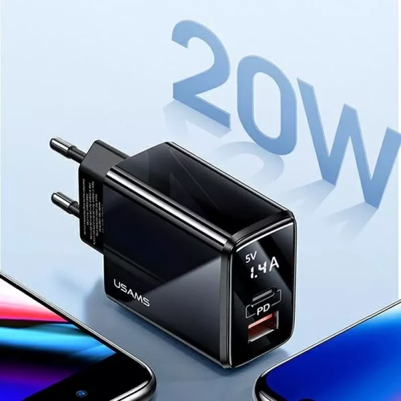 USAMS 20W dual-port USB-C PD3.0 + USB-A QC3.0 wandlader (EU-stekker, zwart)