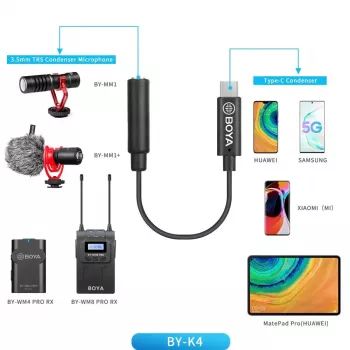 BOYA BY-K4 3,5-mm-TRS-bus naar USB-C-stekker adapterkabel voor microfoons (6 cm, zwart)