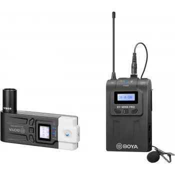 BOYA BY-WM8 Pro-K7 dual-channel UHF draadloos lavaliermicrofoonsysteem met 48 kanalen, 100 m bereik, op camera te monteren ontvanger (568-590 MHz)