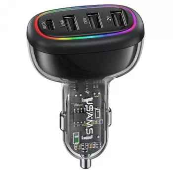 USAMS C34 48W PD snellader voor in de auto met 1x USB-C en 3x USB-A - zwart