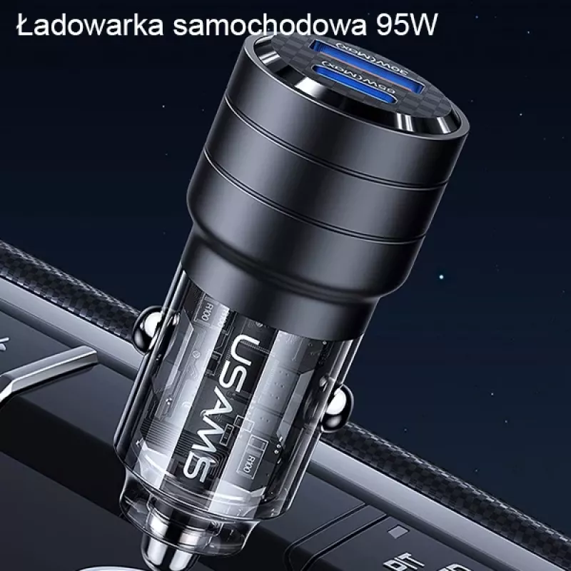USAMS C36 95W snellader voor in de auto USB + USB-C zwart CC176CC01 (US-CC176)