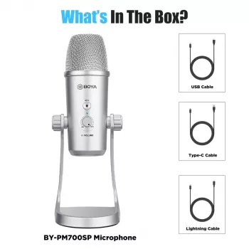 BOYA BY-PM700SP multi-pattern USB-condensatormicrofoon met hoofdtelefoonmonitoring en geïntegreerde standaard