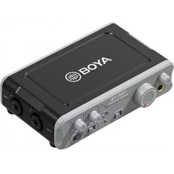 BOYA BY-AM1 2-kanaals USB-C audio-interface met XLR/TRS-ingangen, +48V fantoomvoeding en direct monitoring