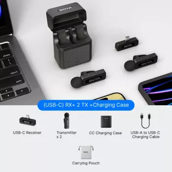 BOYA BY-V30 draadloos lavalier-microfoonsysteem voor USB-C-apparaten, 2,4 GHz, 50 m bereik, 9 uur accu, ruisonderdrukking, zwart