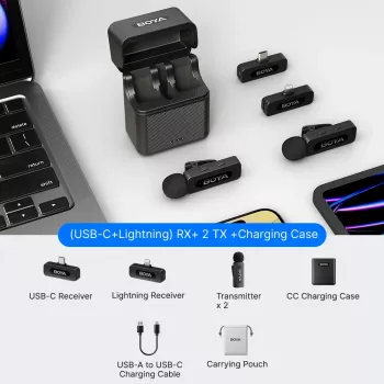 BOYA BY-V3 Combo 2,4 GHz draadloos microfoonsysteem met 2 zenders en 2 ontvangers (Lightning & USB-C) - zwart