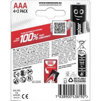 Energizer Max AAA alkalinebatterijen, 1,5 V, 6-pack (4+2)