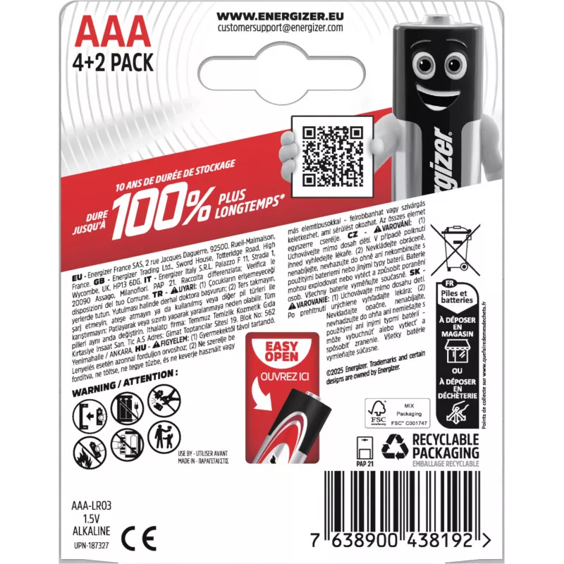 Energizer Max AAA alkalinebatterijen, 1,5 V, 6-pack (4+2)