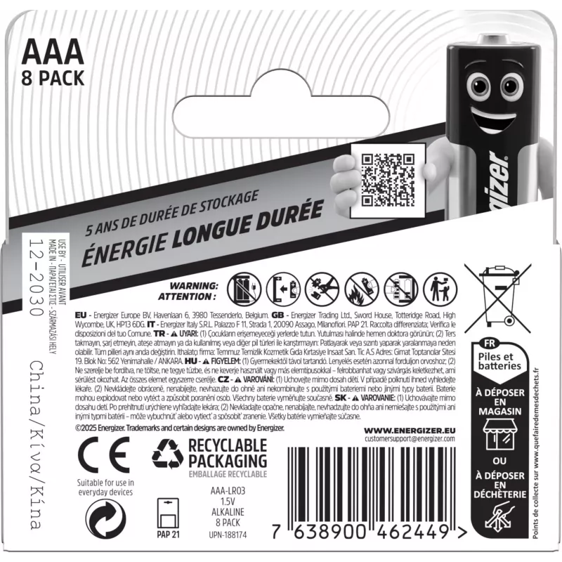 Energizer Everyday alkalinebatterijen AAA/LR03, verpakking van 8 (DHP8)