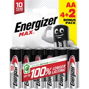 Energizer Max AA alkalinebatterijen, 1,5 V, 6-pack (4+2)