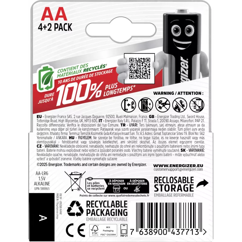 Energizer Max AA alkalinebatterijen, 1,5 V, 6-pack (4+2)