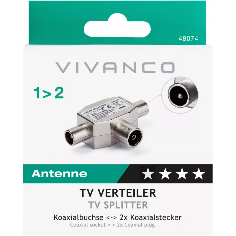 Vivanco afgeschermde 2-weg tv-antennesplitter, coaxiale aansluiting naar 2 stekkers (VVANSHILD2M1F)