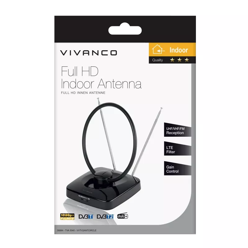 Vivanco VVTV2ANTCIRCLE binnenantenne voor DVB-T/T2, DAB/DAB+ en FM-radio, zwart