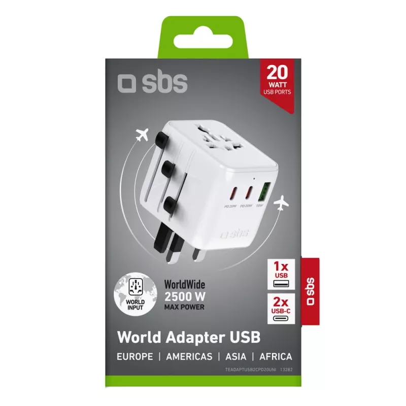 SBS universele reisadapter met 2x USB-C PD 20W en 1x USB-A QC 18W, 35W totaalvermogen, wit